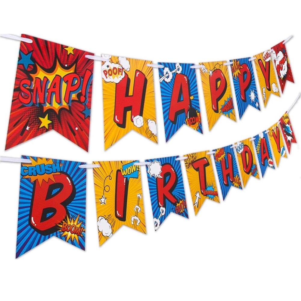 NEW Super Hero Birthday Banner - Pop-Art, SNAP, BOOM, CRUSH, WHAM, POW